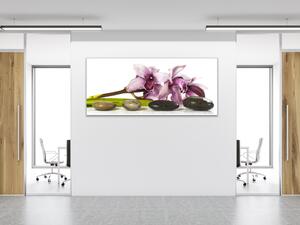Obraz sklenený kvet fialova exotická orchidea a kamene - 30 x 60 cm