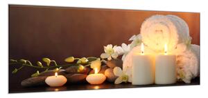 Obraz sklenený spa biele sviece, kvety a uterák - 30 x 60 cm