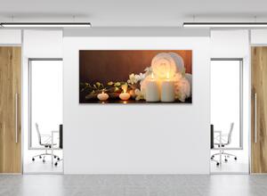 Obraz sklenený spa biele sviece, kvety a uterák - 60 x 100 cm