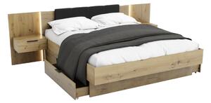 Manželská posteľ DOTA + rošt + matrac MORAVIA + doska s nočnými stolíkmi, 180x200, dub Kraft zlatý/čierna