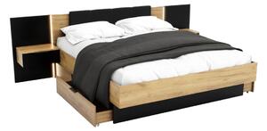 Manželská posteľ ARKADIA + rošt + matrac BOHEMIA + doska s nočnými stolíkmi, 160x200, dub Kraft zlatý/čierna