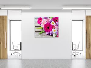 Obraz sklenený štvorcový kytica gerbery, tulipány a margaréta - 40 x 40 cm