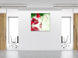 Obraz sklenený štvorcový červené gerbery a motýľ nad hladinou - 40 x 40 cm