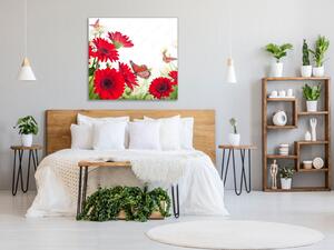 Obraz sklenený štvorcový červené gerbery a motýľ - 40 x 40 cm