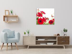Obraz sklenený štvorcový červené gerbery a motýľ - 40 x 40 cm