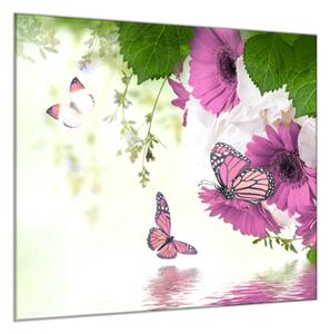 Obraz sklenený štvorcový fialová gerbera a motýľ nad hladinou vody - 40 x 40 cm