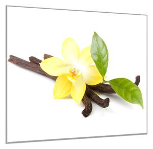 Obraz sklenený štvorcový žltá orchidea, list a vanilka - 34 x 34 cm