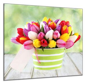 Obraz sklenený štvorcový kytice farebných tulipánov v kvetináči - 40 x 40 cm