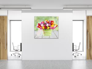 Obraz sklenený štvorcový kytice farebných tulipánov v kvetináči - 40 x 40 cm