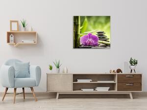 Obraz sklenený štvorcový bambus, orchidea a kameň - 40 x 40 cm