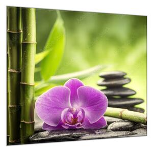 Obraz sklenený štvorcový bambus, orchidea a kameň - 40 x 40 cm
