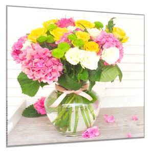 Obraz sklenený štvorcový kytica kvetov hortenzie a ruže - 34 x 34 cm