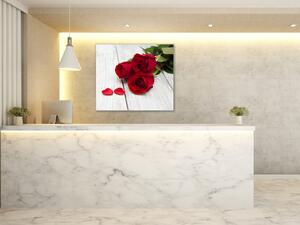 Obraz sklenený štvorcový kvety červené ruže na bielom dreve - 40 x 40 cm