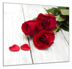 Obraz sklenený štvorcový kvety červené ruže na bielom dreve - 50 x 50 cm