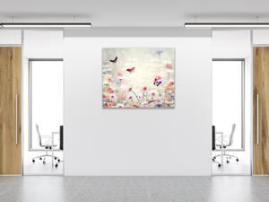 Obraz sklenený štvorcový maľované lúčne margaréty a motýle - 40 x 40 cm