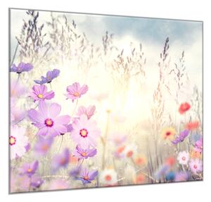 Obraz sklenený štvorcový maľované ružové a červené lúčne kvety - 40 x 40 cm