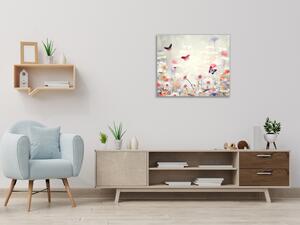 Obraz sklenený štvorcový maľované lúčne margaréty a motýle - 40 x 40 cm