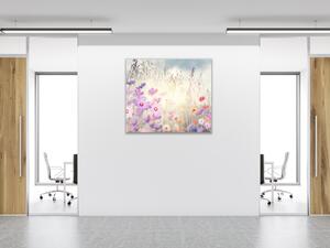 Obraz sklenený štvorcový maľované ružové a červené lúčne kvety - 40 x 40 cm