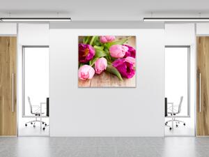 Obraz sklenený štvorcový kvety ružových tulipánov na dreve - 40 x 40 cm