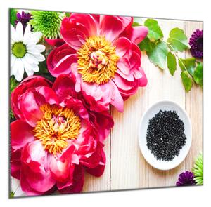Obraz sklenený štvorcový kvety pivonky a chryzantémy na dreve - 34 x 34 cm