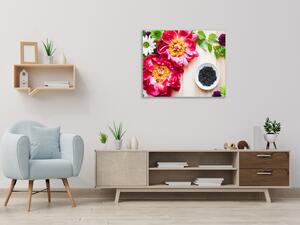 Obraz sklenený štvorcový kvety pivonky a chryzantémy na dreve - 40 x 40 cm