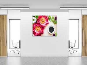 Obraz sklenený štvorcový kvety pivonky a chryzantémy na dreve - 40 x 40 cm