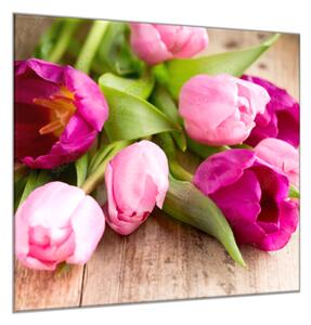 Obraz sklenený štvorcový kvety ružových tulipánov na dreve - 55 x 55 cm