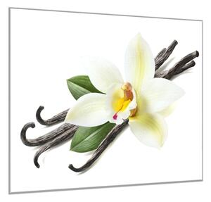 Obraz sklenený štvorcový kvet bielej orchidey a struky vanilky - 34 x 34 cm