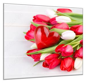 Obraz sklenený štvorcový červené, biele tulipány a srdce - 40 x 40 cm