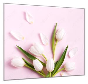 Obraz sklenený štvorcový kvety bielych tulipánov na ružovom pozadí - 34 x 34 cm