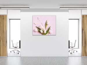 Obraz sklenený štvorcový kvety bielych tulipánov na ružovom pozadí - 34 x 34 cm