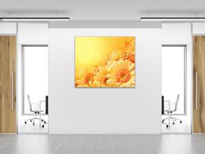 Obraz sklenený štvorcový kvety žlté gerbery na žltom pozadí - 40 x 40 cm