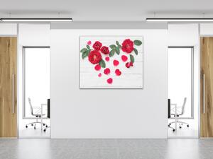 Obraz sklenený štvorcový kvety červené ruže a lístky na bielom dreve - 40 x 40 cm