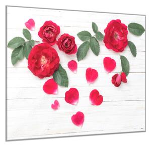 Obraz sklenený štvorcový kvety červené ruže a lístky na bielom dreve - 40 x 40 cm
