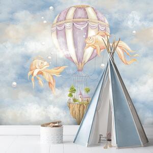 Fototapeta Teplovzdušný balón, dom a ryby na modrej oblohe Materiál: Vliesová, Rozmery: 200 x 140 cm