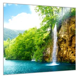 Obraz sklenený vodopád pri jazere - 34 x 34 cm