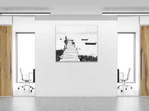 Obraz sklenený mólo pri mori a loďke - 40 x 40 cm