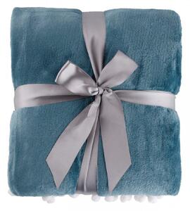 TEMPO-KONDELA AKRA, plyšová deka s brmbolcami, oceľová modrá, 130x150 cm