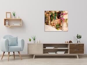 Sklenený obraz štvorcový kvety na stene domu - 40 x 40 cm