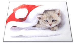 Sklenená doštička mačiatko v čiapke Santy - 30x20cm