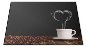 Sklenená doštička káva, biely hrnček so srdcom z dymu - 30x20cm