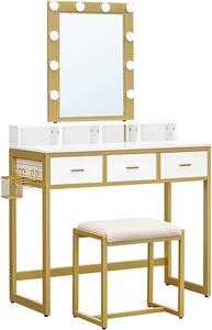 VASAGLE Toaletný stolík - zlatá/biela - 90x40x145,5 cm
