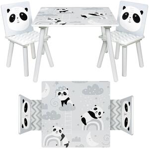 BABY NELLYS Detský nábytok - 3 ks, stôl so stoličkami Panda - sivá