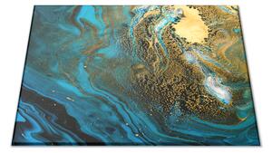 Sklenená doštička abstraktné modrej vlny a zlaté detaily - 30x20cm