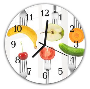Nástenné hodiny okrúhle pr.30cm zelenina a ovocie na vidličke - plexi