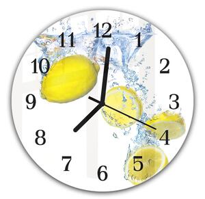 Nástenné hodiny okrúhle pr.30cm ovocie citrón striekajúcej vo vode - kalené sklo