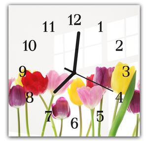 Nástenné hodiny 30x30cm farebné kvety tulipánov na stonke - plexi