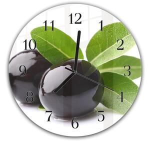 Nástenné hodiny okrúhle pr.30cm ovocie čierne olivy s lístím - plexi