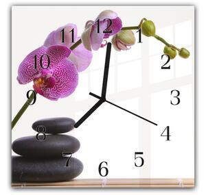 Nástenné hodiny 30x30cm kvety fialovej orchidey nad zen kamene - plexi