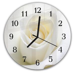Nástenné hodiny okrúhle pr.30cm detail kvetu bielej ruže - kalené sklo